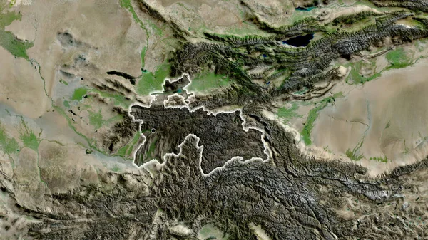 Närbild Tadzjikistans Gränsområde Med Mörk Överlagring Satellitkarta Huvudpunkt Glow Runt — Stockfoto