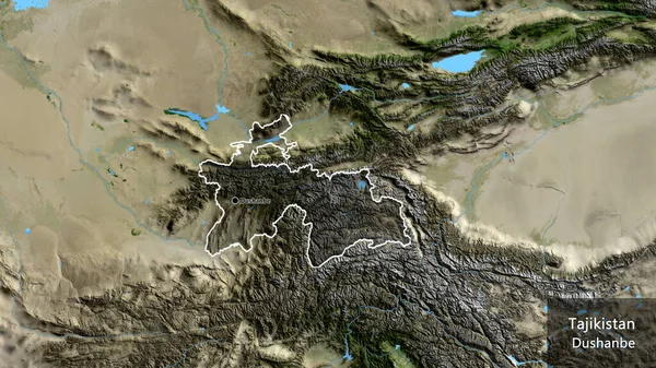 塔吉克斯坦边境地区的特写镜头 用卫星地图上的黑暗阴影突出显示 资本点 概略地描述一下国家的面貌 国家及其首都的英文名称 — 图库照片