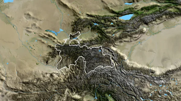衛星地図上の暗いオーバーレイで強調タジキスタン国境地域のクローズアップ 資本ポイント 全国の概要 — ストック写真