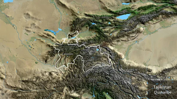 衛星地図上のタジキスタン国境地域の閉鎖 資本ポイント 国の形の周りの概要 英名国とその首都 — ストック写真