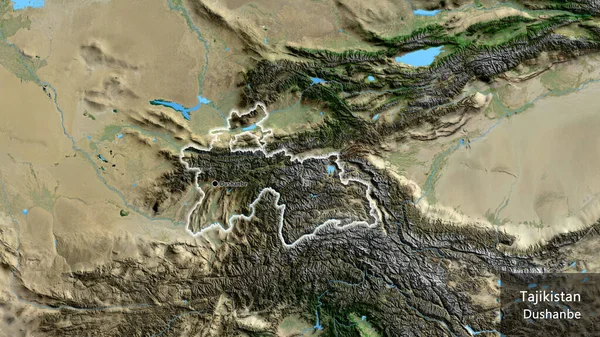 衛星地図上のタジキスタン国境地域の閉鎖 資本ポイント 国の形の周りに光る 英名国とその首都 — ストック写真