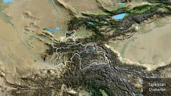 タジキスタン国境地域の閉鎖と衛星地図上のその地域の境界線 資本ポイント 国の形の周りの概要 英名国とその首都 — ストック写真
