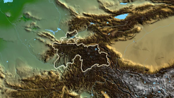 タジキスタン国境地域のクローズアップは 物理的な地図上の暗いオーバーレイで強調表示されます 資本ポイント 全国に光る — ストック写真