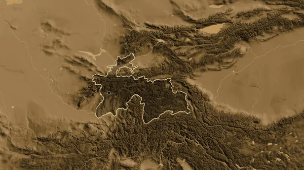タジキスタン国境地域のクローズアップは セピアの標高地図上の暗いオーバーレイで強調されています 資本ポイント 全国の概要 — ストック写真