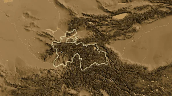 セピア標高地図上のタジキスタン国境地域の閉鎖 資本ポイント 全国に光る — ストック写真
