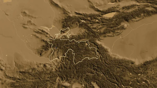 セピア標高地図上のタジキスタン国境地域の閉鎖 資本ポイント 全国の概要 — ストック写真
