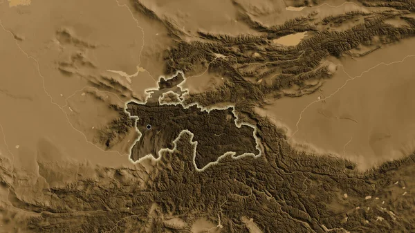 Close Tajikistan Border Area Highlighting Dark Overlay Sepia Elevation Map — Stock Photo, Image