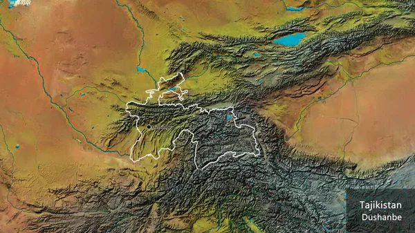 Zbliżenie Granicy Tadżykistanu Mapie Topograficznej Główny Punkt Zarys Kształtu Kraju — Zdjęcie stockowe