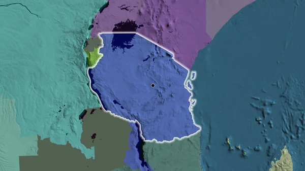 stock image Close-up of the Tanzania border area on a administrative map. Capital point. Glow around the country shape. 