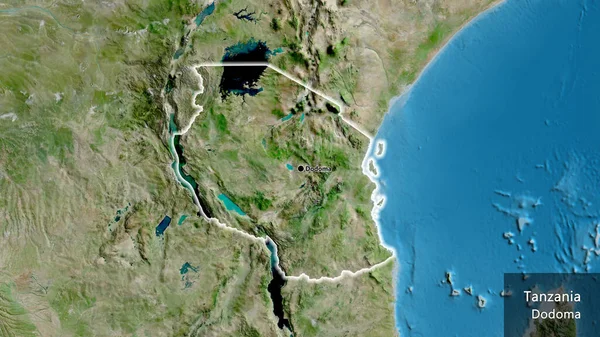 Close Área Fronteira Tanzânia Mapa Satélite Ponto Capital Brilha Volta — Fotografia de Stock