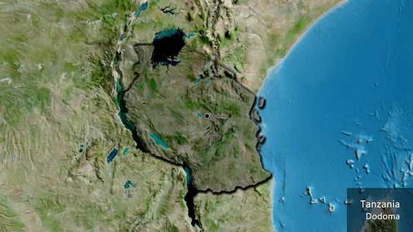 坦桑尼亚边境地区的特写镜头 用卫星地图上的黑暗覆盖突出显示 资本点 这个国家的边缘呈斜角状 国家及其首都的英文名称 — 图库照片