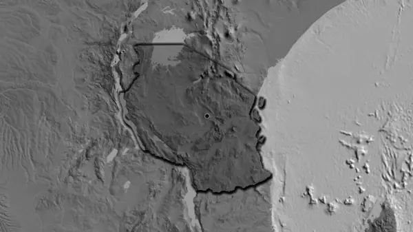 坦桑尼亚边境地区的特写镜头突出显示了一张双层地图上的黑暗阴影 资本点 国家形状的斜边 — 图库照片