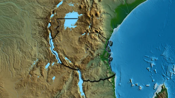 stock image Close-up of the Tanzania border area on a physical map. Capital point. Bevelled edges of the country shape. 