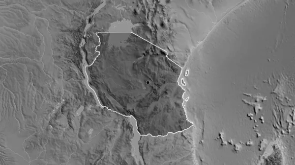 Close Tanzania Border Area Highlighting Dark Overlay Grayscale Map Capital — Stock Photo, Image