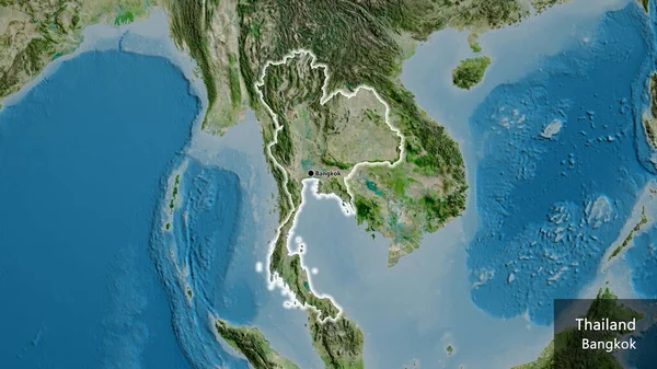 卫星地图上的泰国边境地区特写 资本点 风靡全国各地 国家及其首都的英文名称 — 图库照片