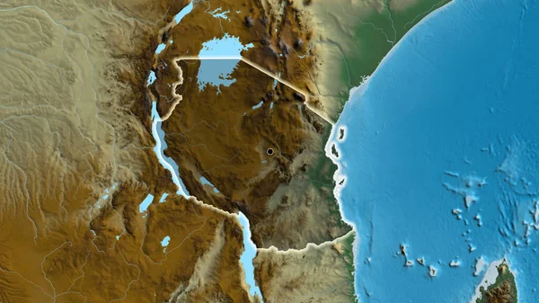 Närbild Tanzanias Gränsområde Med Ett Mörkt Överdrag Översiktskarta Huvudpunkt Glow — Stockfoto