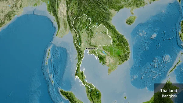 卫星地图上的泰国边境地区特写 资本点 概略地描述一下国家的面貌 国家及其首都的英文名称 — 图库照片