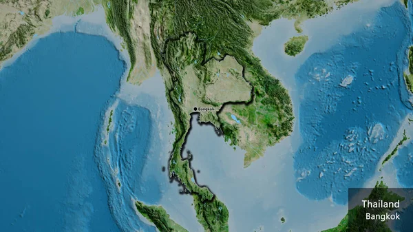 卫星地图上的泰国边境地区特写 资本点 这个国家的边缘呈斜角状 国家及其首都的英文名称 — 图库照片