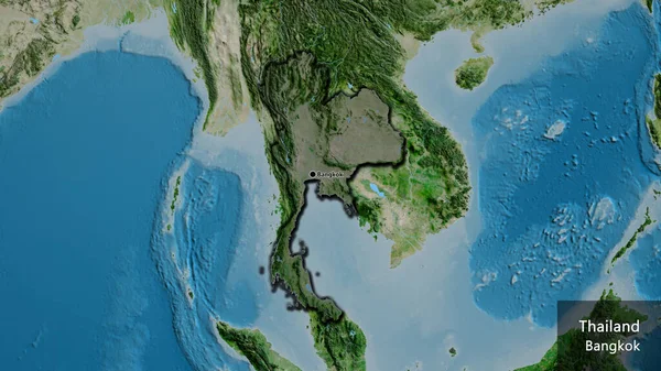 泰国边境地区的特写镜头 用卫星地图上的黑暗覆盖突出显示 资本点 这个国家的边缘呈斜角状 国家及其首都的英文名称 — 图库照片