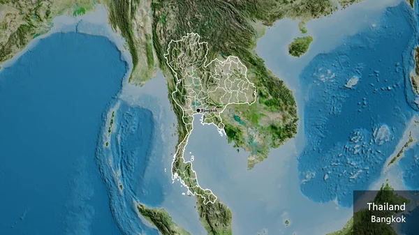 利用卫星地图对泰国边境地区及其区域边界进行密切监视 资本点 概略地描述一下国家的面貌 国家及其首都的英文名称 — 图库照片