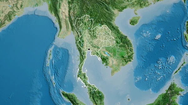 衛星地図上でタイ国境地域とその地域の境界線のクローズアップ 資本ポイント 全国の概要 — ストック写真