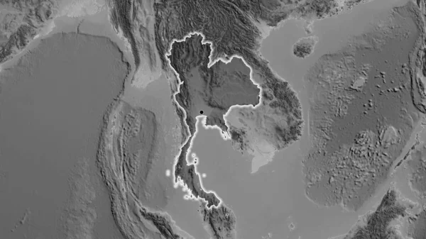 グレースケールの地図上に暗いオーバーレイで強調タイ国境地域のクローズアップ 資本ポイント 全国に光る — ストック写真