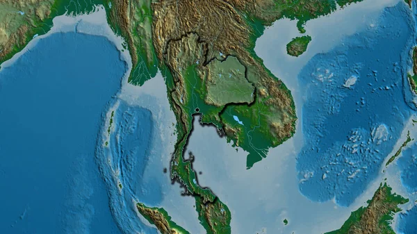 物理的な地図上のタイ国境地域のクローズアップ 資本ポイント 国の形の縁が隠されている — ストック写真