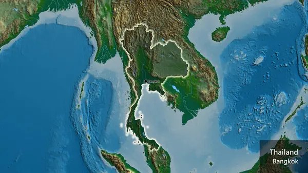 物理的な地図上の暗いオーバーレイで強調タイ国境地域のクローズアップ 資本ポイント 国の形の周りに光る 英名国とその首都 — ストック写真