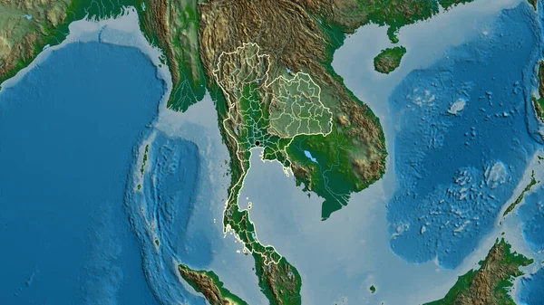 物理的な地図上でタイ国境地域とその地域の境界線のクローズアップ 資本ポイント 全国の概要 — ストック写真