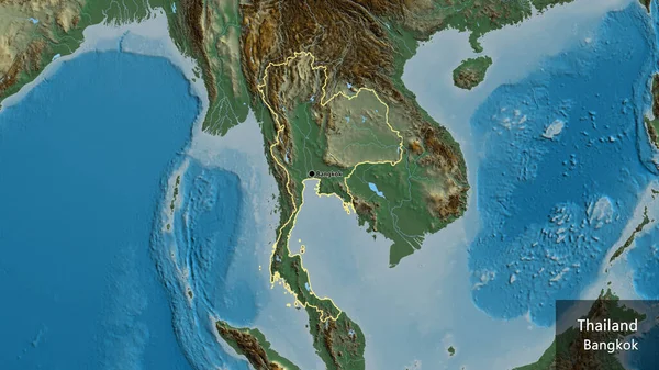 Tayland sınır bölgesinin yakınındaki bir haritada. Ana nokta. Ülke çapında bir taslak oluşturun. Ülkenin ve başkentinin İngilizce adı