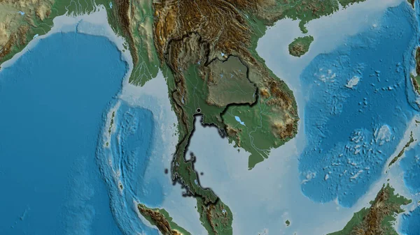 泰国边境地区的特写镜头突出显示了一张救济地图上的黑暗阴影 资本点 国家形状的斜边 — 图库照片
