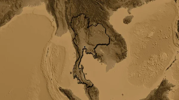 Närbild Thailand Gränsområde Sepia Höjd Karta Huvudpunkt Skalade Kanter Lantformen — Stockfoto