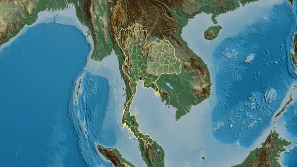 在一张救济地图上对泰国边境地区及其区域边界进行了密切监视 资本点 国家形貌概述 — 图库照片