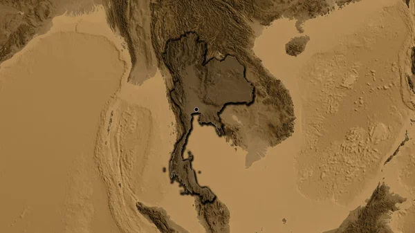 泰国边境地区的特写镜头 用黑色的阴影覆盖在黑色的高程地图上 资本点 国家形状的斜边 — 图库照片
