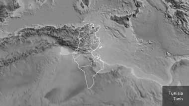 Tunus sınır bölgesi ve bölgesel sınırlarına gri tonlu bir harita üzerinde yakın plan. Ana nokta. Ülke çapında bir taslak oluşturun. Ülkenin ve başkentinin İngilizce adı
