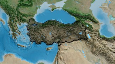 Türkiye sınır bölgesinin yakın çekimleri, uydu haritasında koyu bir örtüyle vurgulanıyor. Ana nokta. Ülkenin kıvrımlı kenarları. 