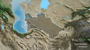 Türkmenistan sınır bölgesinin yakın çekimleri, uydu haritasına koyu bir örtüyle vurgulanıyor. Ana nokta. Ülke çapında bir taslak oluşturun. Ülkenin ve başkentinin İngilizce adı