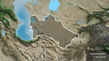 Türkmenistan sınır bölgesinin yakın çekimleri, uydu haritasına koyu bir örtüyle vurgulanıyor. Ana nokta. Ülke çapında parıldıyor. Ülkenin ve başkentinin İngilizce adı