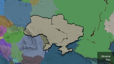 Ukrayna sınır bölgesinin bir idari haritada yakın çekimi. Ana nokta. Kırsal kesimin kıvrımlı kenarları. Ülkenin ve başkentinin İngilizce adı
