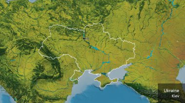 Bir topografik haritada Ukrayna sınır bölgesinin yakın çekimleri. Ana nokta. Ülke çapında bir taslak oluşturun. Ülkenin ve başkentinin İngilizce adı