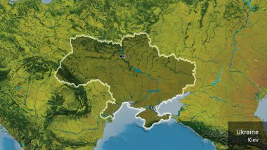 Ukrayna sınır bölgesinin, topoğrafik haritada koyu bir örtüyle ışıklandırılması. Ana nokta. Ülke çapında parıldıyor. Ülkenin ve başkentinin İngilizce adı