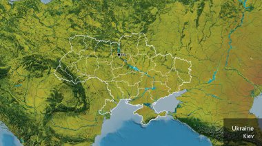 Ukrayna sınırına ve bölgesel sınırlarına bir topoğrafik harita üzerinde yakın plan. Ana nokta. Ülke çapında bir taslak oluşturun. Ülkenin ve başkentinin İngilizce adı
