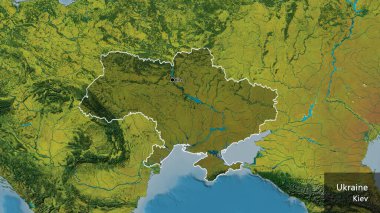 Ukrayna sınır bölgesinin, topoğrafik haritada koyu bir örtüyle ışıklandırılması. Ana nokta. Ülke çapında bir taslak oluşturun. Ülkenin ve başkentinin İngilizce adı