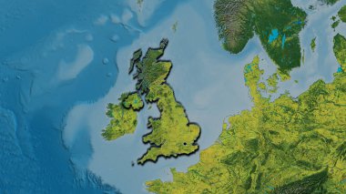 Bir topografik haritada Birleşik Krallık sınır bölgesinin yakın çekimleri. Ana nokta. Ülkenin kıvrımlı kenarları. 