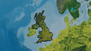 Birleşik Krallık sınır bölgesinin, topoğrafik haritada koyu bir örtüyle ışıklandırılması. Ana nokta. Ülkenin kıvrımlı kenarları. 