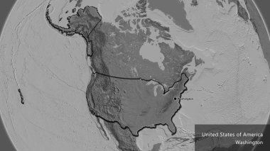 Amerika Birleşik Devletleri sınır bölgesinin bir bileklik haritasında yakın plan görüntüsü. Ana nokta. Kırsal kesimin kıvrımlı kenarları. Ülkenin ve başkentinin İngilizce adı