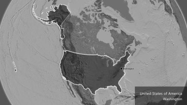 Amerika Birleşik Devletleri sınır bölgesinin yakın çekimleri, bilek haritasında koyu bir örtüyle vurgulanıyor. Ana nokta. Ülke çapında parıldıyor. Ülkenin ve başkentinin İngilizce adı