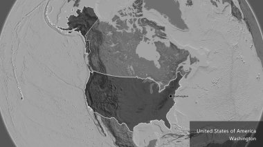 Amerika Birleşik Devletleri sınır bölgesinin yakın çekimleri, bilek haritasında koyu bir örtüyle vurgulanıyor. Ana nokta. Ülke çapında bir taslak oluşturun. Ülkenin ve başkentinin İngilizce adı