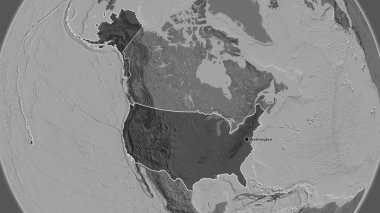 Amerika Birleşik Devletleri sınır bölgesinin yakın çekimleri, bilek haritasında koyu bir örtüyle vurgulanıyor. Ana nokta. Ülke şekli etrafında özet geç. 