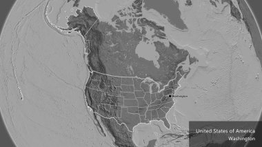 Bir bileklik haritasında Amerika Birleşik Devletleri sınır bölgesi ve bölgesel sınırlarına yakın çekim. Ana nokta. Ülke çapında bir taslak oluşturun. Ülkenin ve başkentinin İngilizce adı